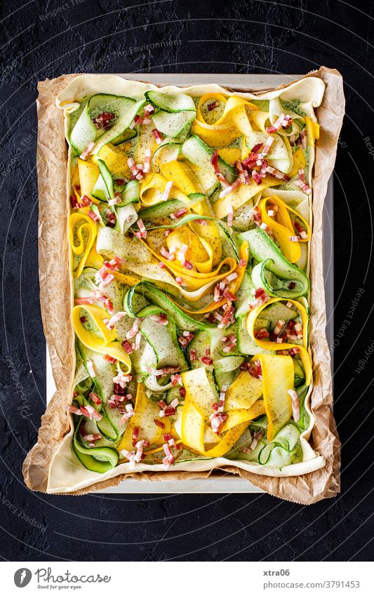 Courgette quiche Zucchini Bacon Vegetable Quiche vegetable quiche Baking Tin Baking tray Courgette Strips baking paper Eating Cooking homemade food Dinner Food