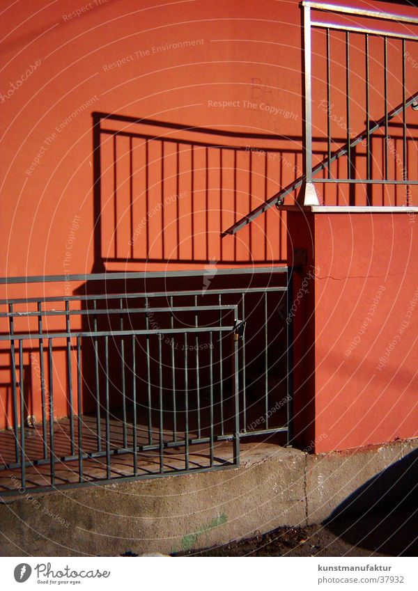 detailed view Red Grating Architecture Handrail Sun Shadow Ladder Stairs