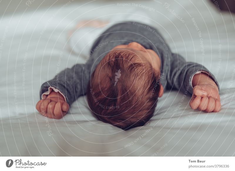 Baby on the bed stretching, arms up with clenched fists Wake up Stretching loosen up Horizontal Relaxation Copy Space pretty indoors infant Sleep Bedroom Head
