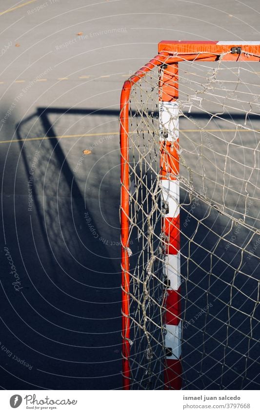 old soccer goal sports equipment, street soccer in Bilbao city Spain field court soccer field net web rope play playing abandoned park playground outdoors