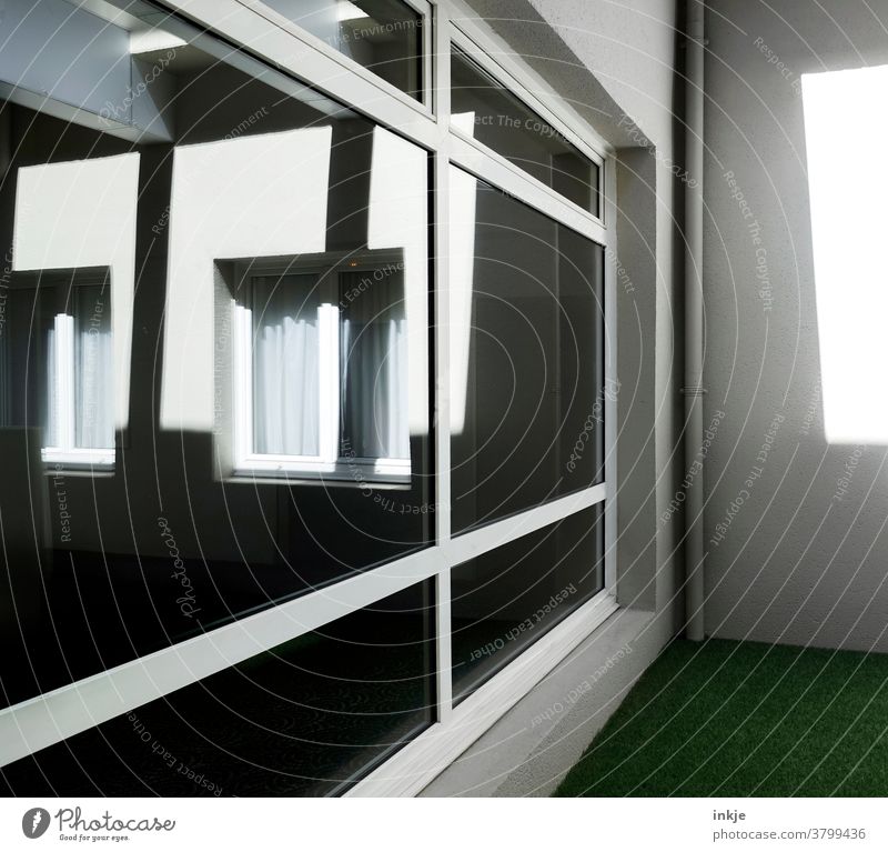 Sun and shade and windows and corner and lawn Deserted White Black Green Shadow Lawn Corner Window Building Architecture reflection Contrast angles Bright Dark