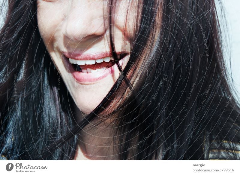 The laughing mouth of a woman without mouth guard and mask mouth opened Laughter Teeth Show your teeth Lips Nose long hairs Passion Face Close-up Young woman