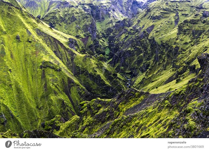 View into a rocky, rugged canyon near Thakgil, Iceland Rock Canyon Green curt Dismissive mountains Hangings Landscape Lonely Exterior shot Nature Deserted