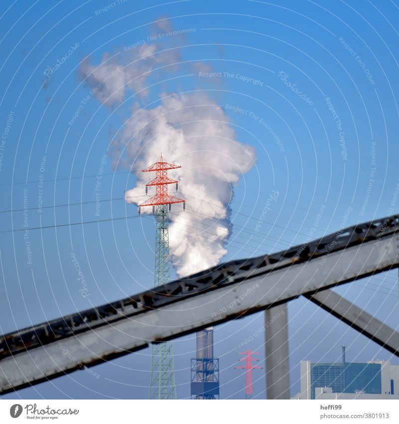 Power pole in front of coal-fired power station and bridge fragment emission Coal power station CO2 emission Electricity pylon Environmental pollution