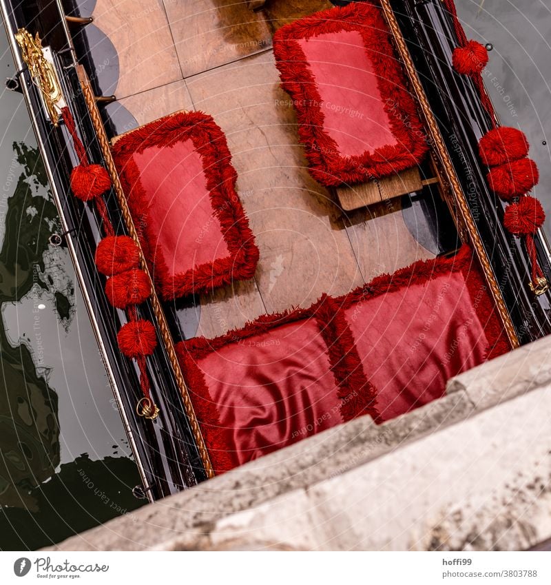 red seats in a Venetian gondola seen from above on a bridge. Red Seat Stool Gondola (Boat) Venice Italy Channel Tourism Water Port City Town Watercraft