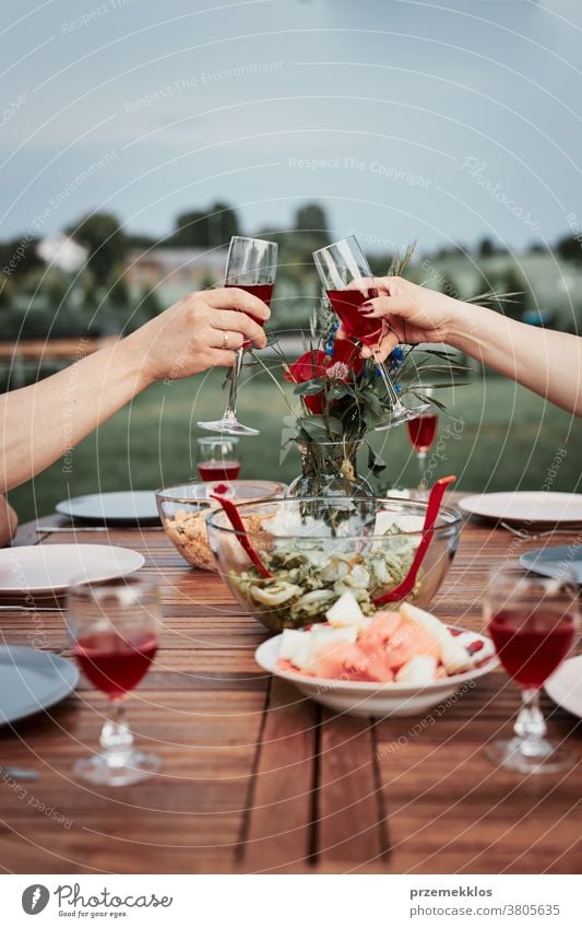 Couple making toast during summer outdoor dinner in a home garden feast having picnic food man together woman barbecue table eating gathering people lifestyle