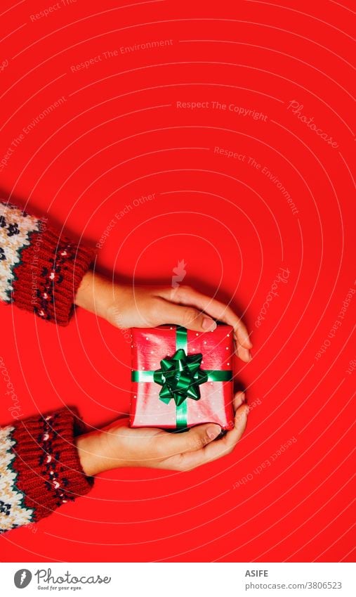 Female hands with a winter sweater holding a Christmas gift on a red background. box present giving receiving package top view surprise high angle view give
