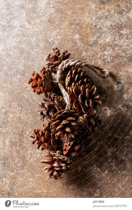 Christmas pinecones with compositiony corsage tied with a rustic cord, on brown grunge texture decoration christmas background season closeup ornament white