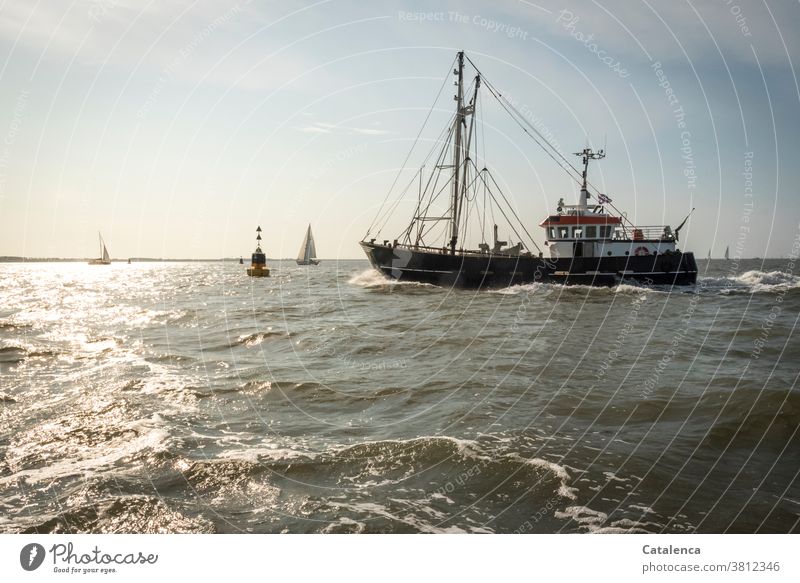 A fishing cutter, the danger buoy, sailing yachts on the Wadden Sea can be seen Mud flats North Sea Ocean Cutter Fishing areas Water Sky Sailing Horizon