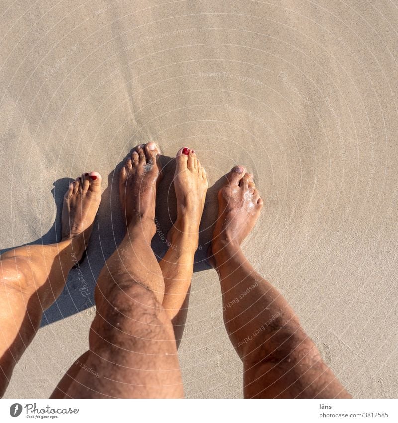 Couple Formation - Feet on the Beach feet Vacation & Travel pairing Barefoot Sand Human being Summer Legs coast Ocean Relaxation Woman Adults Man Nature