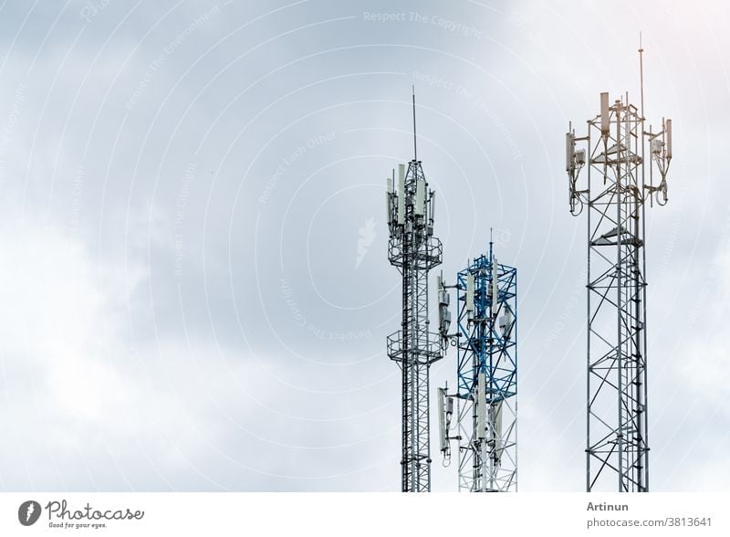 Telecommunication tower with gray sky. Antenna. Radio and satellite pole. Communication technology. Telecommunication industry. Mobile or telecom 4g network. Telecommunication industry.