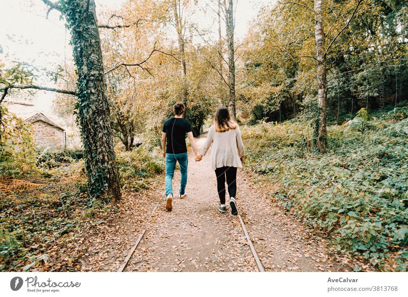 Young couple taking a active walk in the park during autumn, view from behind laugh fun recover cold balance wellness leisure youth time out young man smile