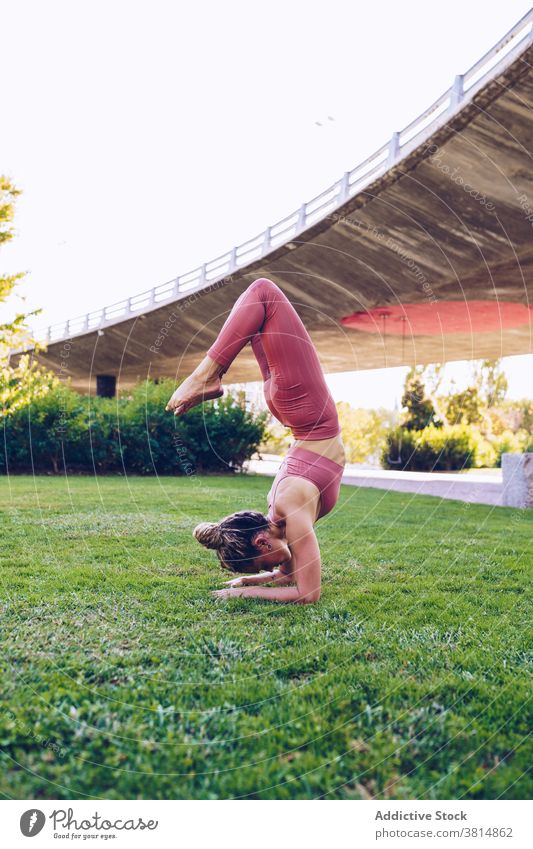 Yoga teacher doing Horizon Lunge pose in park - a Royalty Free