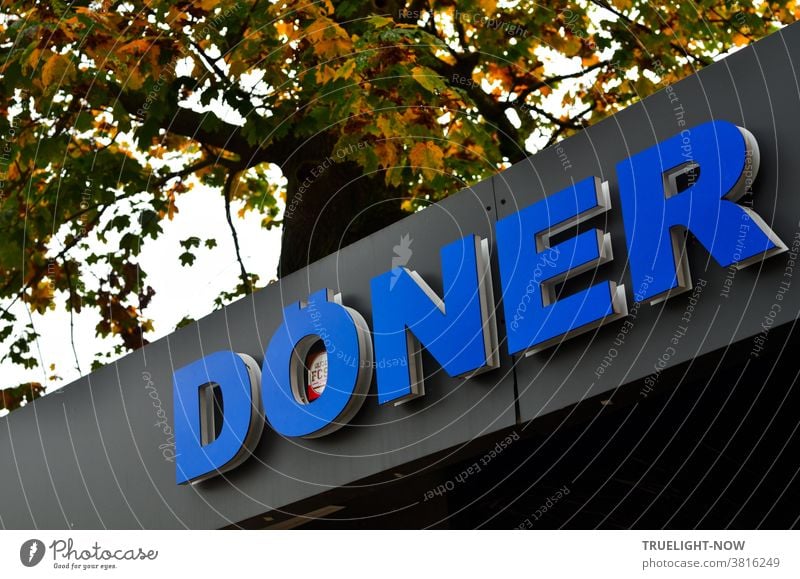 Thorn in autumn. Royal blue lettering DÖNER on the roof facade of a fast-food kiosk diagonally in front of an autumnally coloured tree Kebab writing display