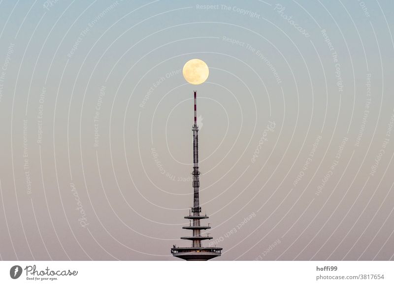 Television tower with moon Full  moon Moon Moonrise Moonlight Dusk Sunset sky Twilight minimalism Blue