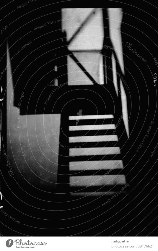Analogue photo of a staircase Stairs stagger Black & white photo Eerie Dark Ambiguous Architecture Downward Upward rail Banister Building