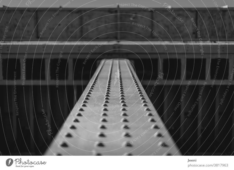 Steel girder with rivets on a pier of a bridge - close up Steel carrier Pole Bridge piers Architecture Iron Metal Structures and shapes Pattern