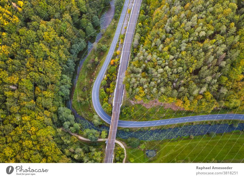 Aerial view of river Pegnitz in Franconian Jura aerial aerial view autumn countryside creek curve day europe evening forest franconian jura grass green hill