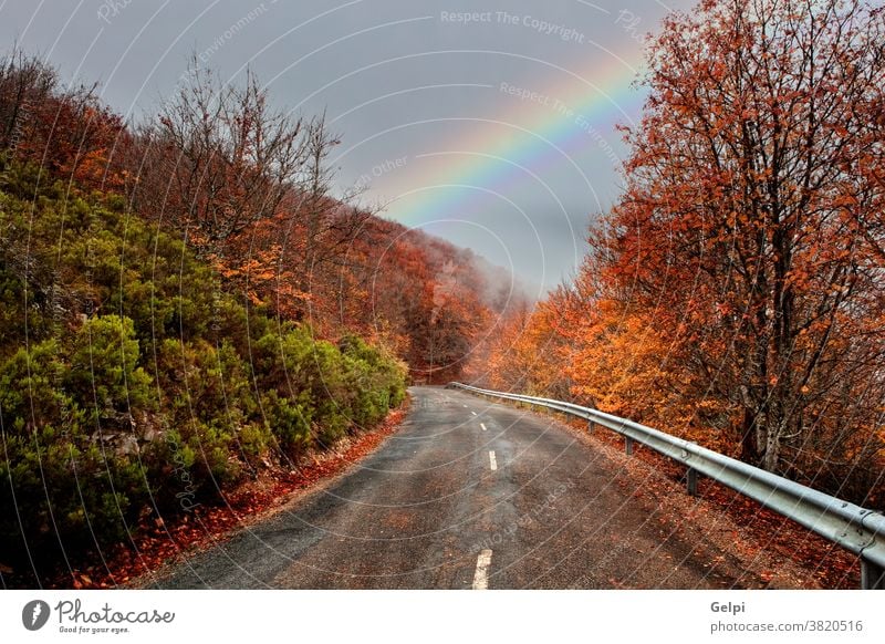 Lonely road with a amazing sky landscape travel red orange rainbow nature scenic scenery outdoor tree route cloudy transportation asphalt destination autumn