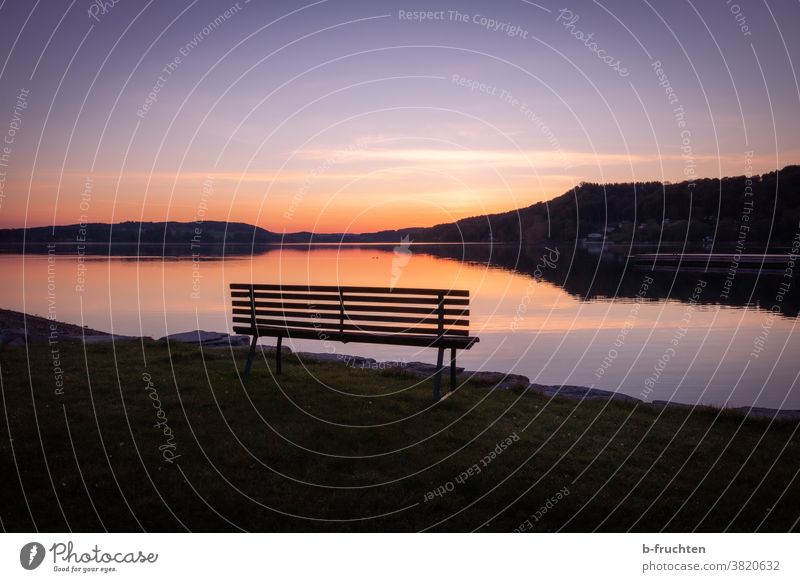 Park bench at dawn Lake Dawn Water Nature Calm Lakeside Landscape Sunrise Morning Light Silhouette Sky Environment