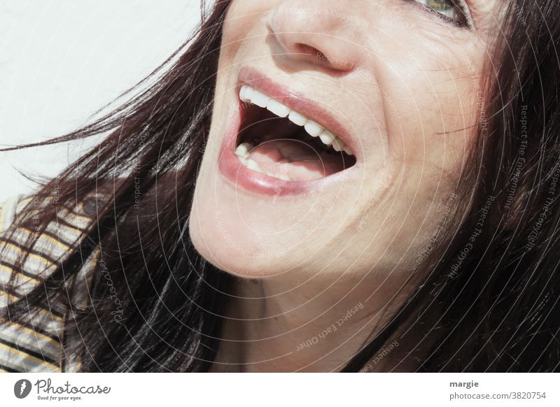 The face of a woman with laughing mouth Woman Young woman Feminine Human being Exterior shot Adults Dark-haired Cheek contented To enjoy Light Head Day