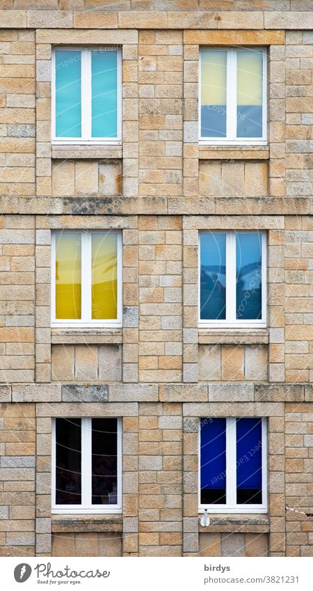 Colourful windows in a house facade made of natural stone, format filling House (Residential Structure) Facade Window colored windows Sandstone sandstone house
