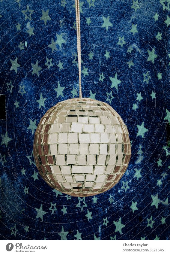 retro disco ball with stars 1970s blue night sky stars silver celebration cheesy colorful dance decoration disco-ball discoball discotheque effect electronic