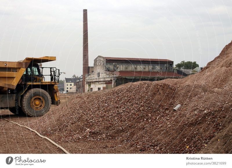 demolition work on former factory site large construction site Construction site Factory Factory hall Chimney schuttberg Building rubble rubbish gravel Material
