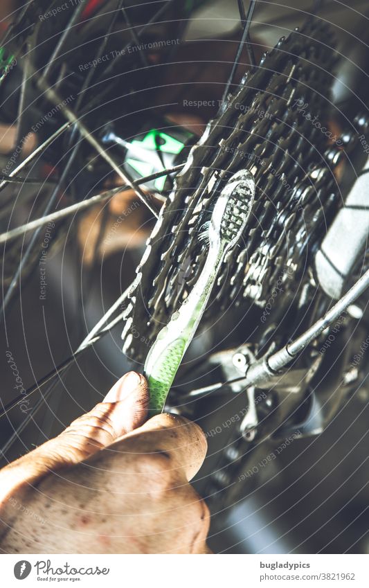 You can see a man's hand brushing the sprockets of a bicycle with a green and white toothbrush Bicycle Cycling pinion Bicycle chain Chain Chain grease Gearwheel