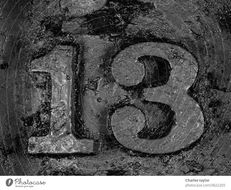 grungy  13 number grunge design old abstract vintage unlucky superstition evil element type art detail thirteenth typography closeup spooky bad dark mystery