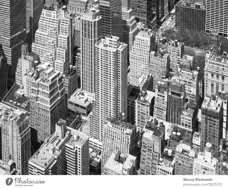 Black and white aerial picture of Manhattan, New York City, US. city new york office black and white skyscraper manhattan building cityscape urban USA roof high