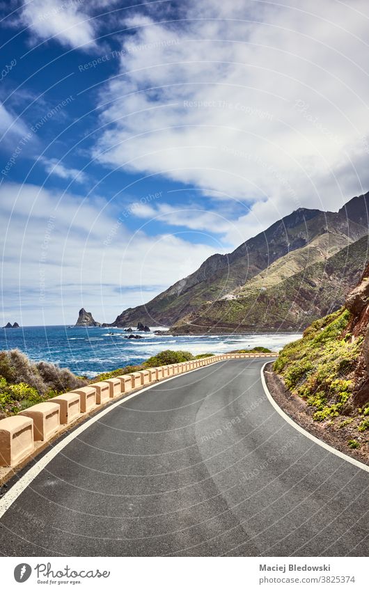 Scenic ocean drive road at the Macizo de Anaga mountain range, Tenerife, Spain. journey travel vacation scenic scenery Atlantic Ocean sea Canary Islands tourism