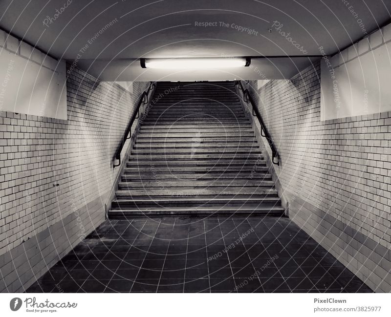 Nocturnal pedestrian overpass Pedestrian underpass Loneliness Tunnel Dark Underpass Light Stairs Gloomy Threat