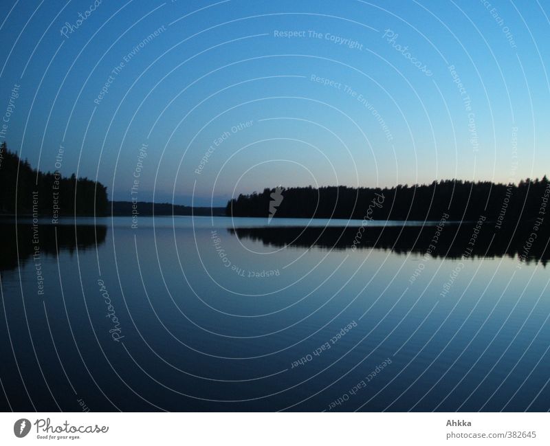 Night shot of a windless lake in Finland Adventure Far-off places Nature Landscape Water Cloudless sky Coast Lake Breathe Think To enjoy Infinity Moody Calm