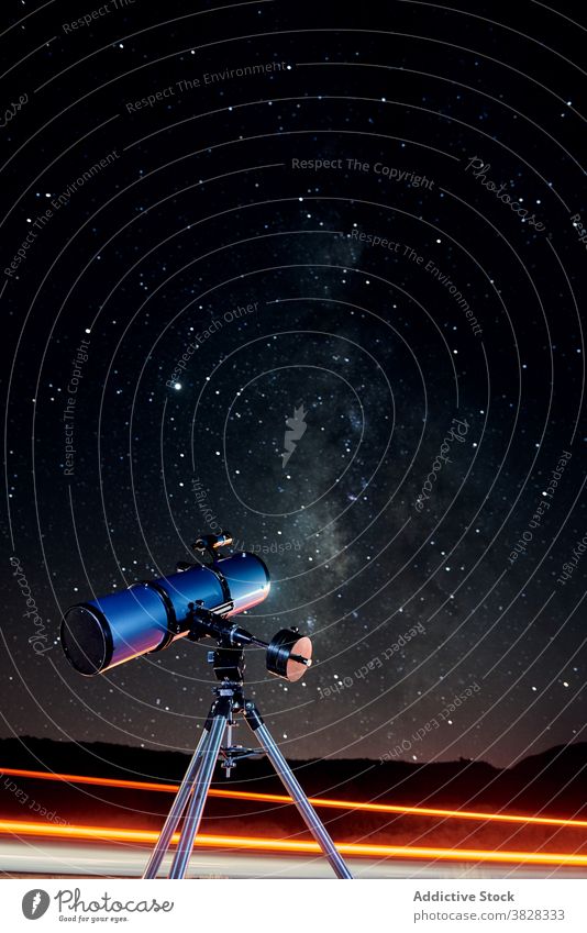 Optical telescope against night starry sky explore dark cosmos optical galaxy discovery astronomy environment observe science technology universe tool device