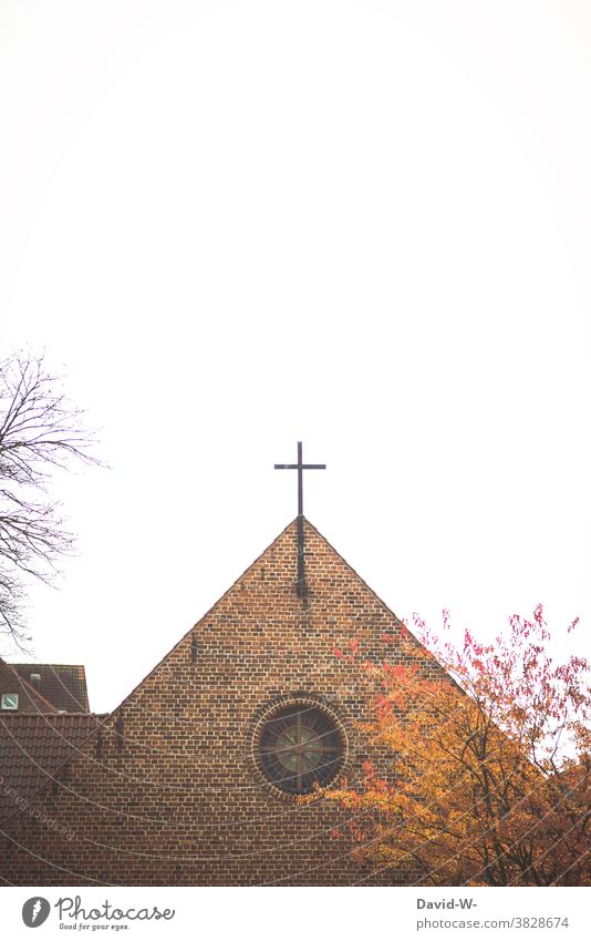 Church with cross in autumn Crucifix out Sky Faith & Religion Christianity Symbols and metaphors God Sign