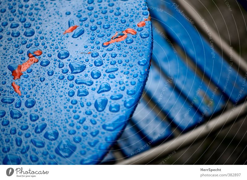 wetland Armchair Table Restaurant Bad weather Wood Metal Water Old Esthetic Cold Wet Beautiful Gloomy Town Blue Reflection Regen County Drops of water Speckled