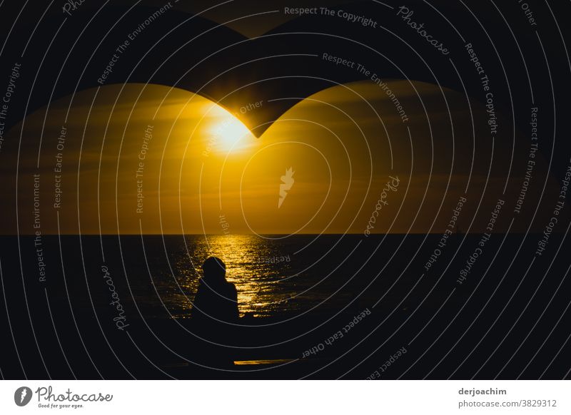 Evening sun with heart, waiting for the sunset at the sea. The structure of a heart in the upper picture is still visible. A shadow of a person standing on the shore is visible.