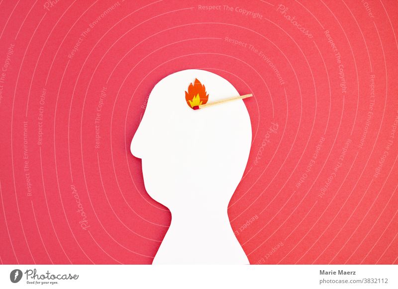 Fire in the head // Head silhouette made of paper with match and flame brain Think thoughts ideas Burn Flame Match Illustration paper cut crafted peril