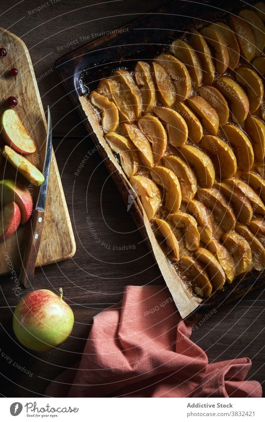 Aromatic baked apples on baking sheet slice sweet dessert food natural homemade fruit tasty baking pan tray meal nutrition yummy serve snack fork cuisine dish