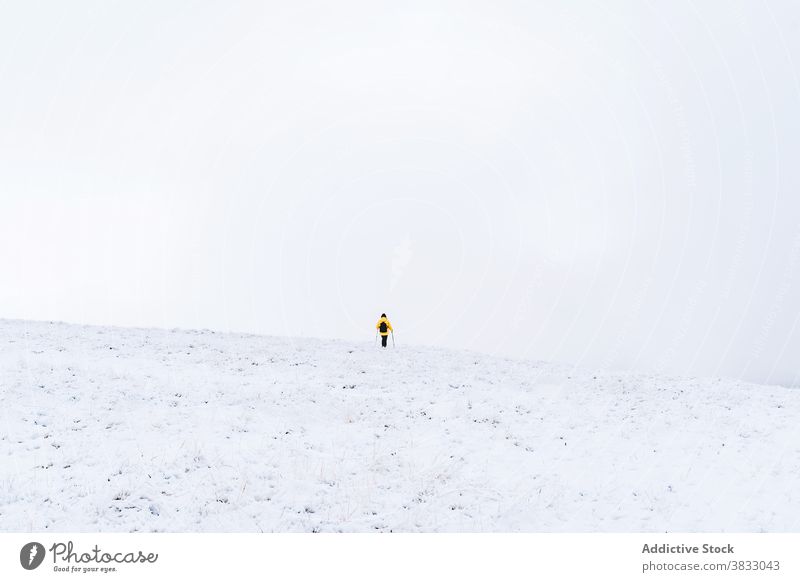 Unrecognizable traveler in mountains in winter snow trekking hike pole nature highland mountaineer pyrenees mountains andorra hiker adventure landscape explore