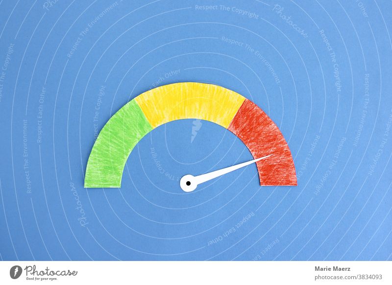 Speedometer in red area speedometer Display Red load factor Illustration illustration Pointer. dial Neutral Background Copy Space top Minimalistic Risk peril