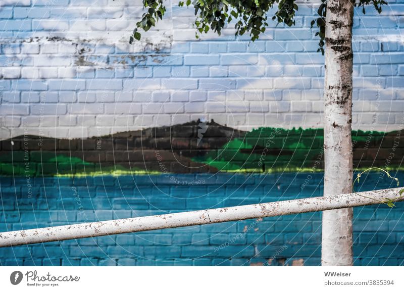 Instead of the real lake view, one can at least admire a picture of the lake on the wall Lake Graffiti Painted Landscape Wall (barrier) bricks Handle Birch tree