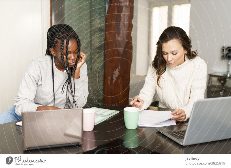 Two college girls studying together at home with laptops while drinking coffee student women multiethnic computer multiracial house black afro lifestyle two