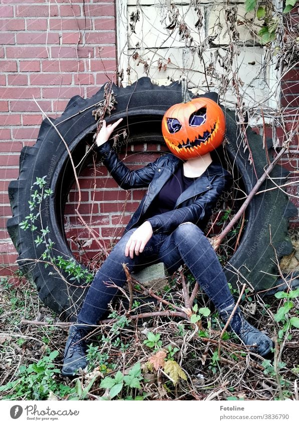 Smile, please! - or Casually lolling a pumpkin girl in a cool outfit in a tractor tyre Hallowe'en Pumpkin Pumpkin time Pumpkin Face pumpkin face Creepy creep