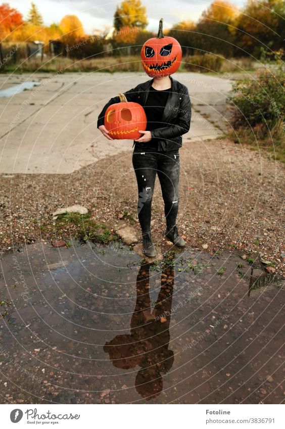 Headless - or a young woman posing with jeans and leather jacket standing in front of a puddle. In her arm she holds a second pumpkin head. Hallowe'en Pumpkin