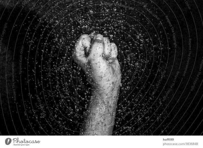Close-up of a clenched fist surrounded by drops of water Fist raised fist raindrops Fight Force Protest Anger Frustration resistance tropics Drops of water