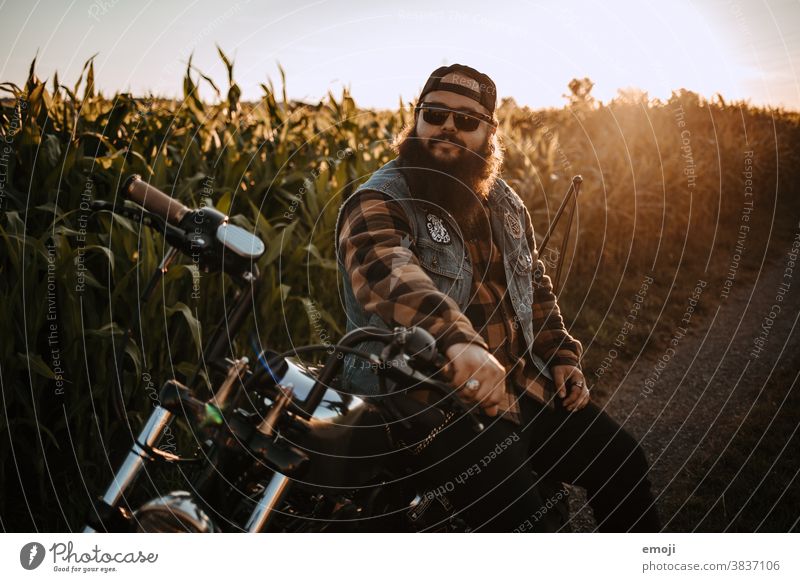 young man with beard on motorcycle in front of a cornfield at sunset teen Sunset out Field Hip & trendy Hipster Man Facial hair Motorcycle harley Maize field