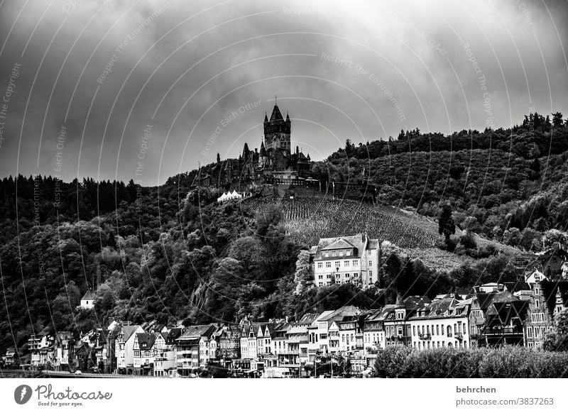 a day in black and white Landmark houses Castle reichsburg Vacation & Travel Town Forest Cochem Tourist Attraction Nature Exterior shot Sky Environment Clouds