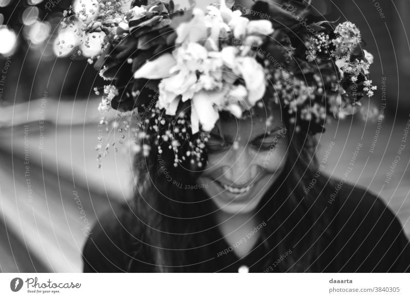 Anna happy portrait Exterior shot Black & white photo Emotions Wild Warmth Positive Cute Kitsch Cuddly Hot Happiness Friendliness Brunette Floral print Mother